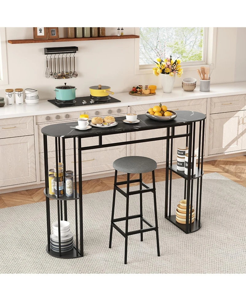 Slickblue Modern Narrow Bar Table with Faux Marble Tabletop and Built-in Storage Shelves