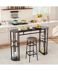 Slickblue Modern Narrow Bar Table with Faux Marble Tabletop and Built-in Storage Shelves