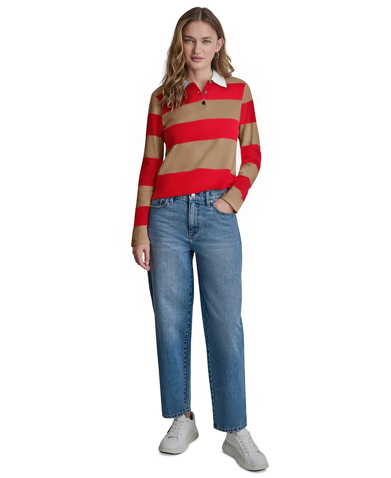 Dkny Jeans Women's Long-Sleeve Logo Charm Multi-Stripe Cotton Polo Sweater