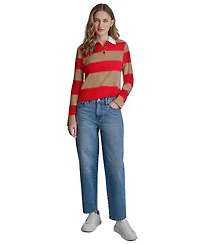 Dkny Jeans Women's Long-Sleeve Logo Charm Multi-Stripe Cotton Polo Sweater