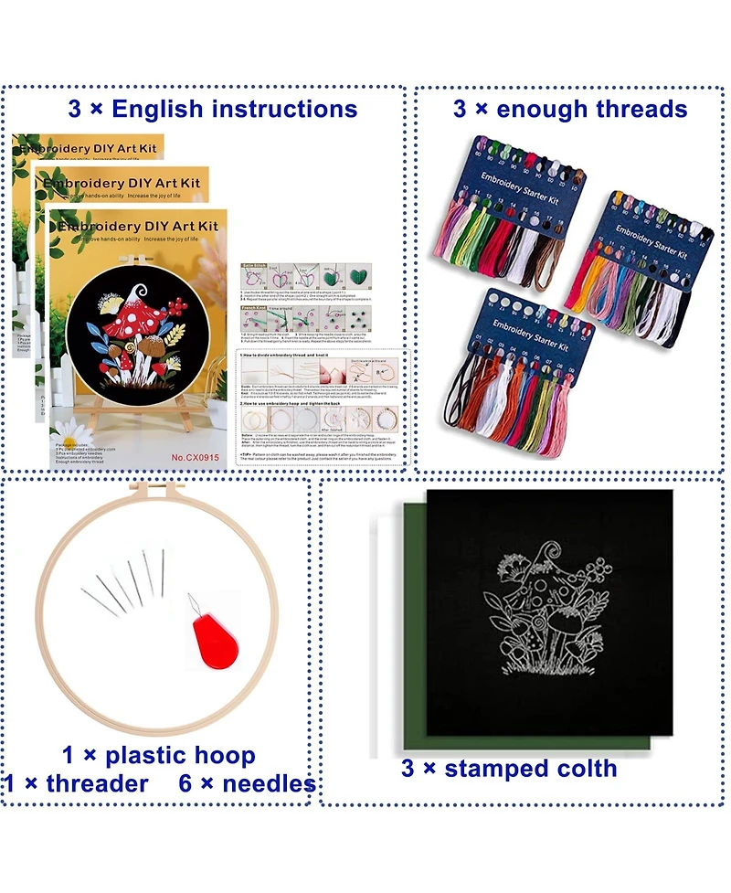 Gnuadz 3 Sets Mushroom Embroidery Kit Beginners Hoop Diy Craft