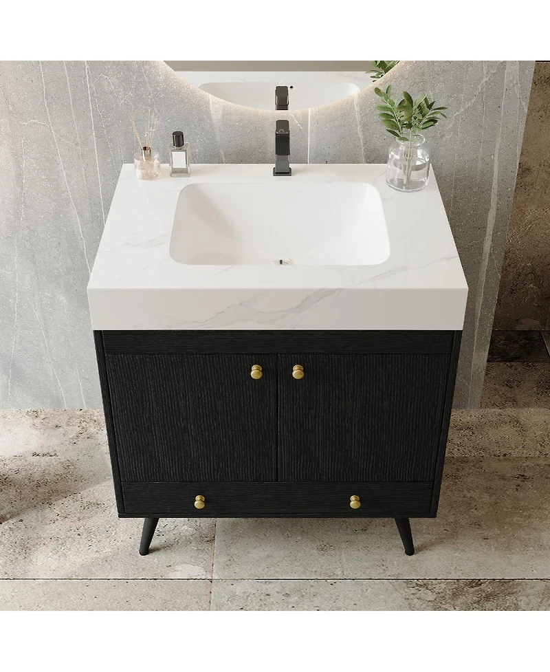 Sillysis 30 Inch Freestanding Bathroom Vanity, Sintered Stone Top, Ceramic Sink, Modern Storage Drawer and Cabinet for Compact Bath