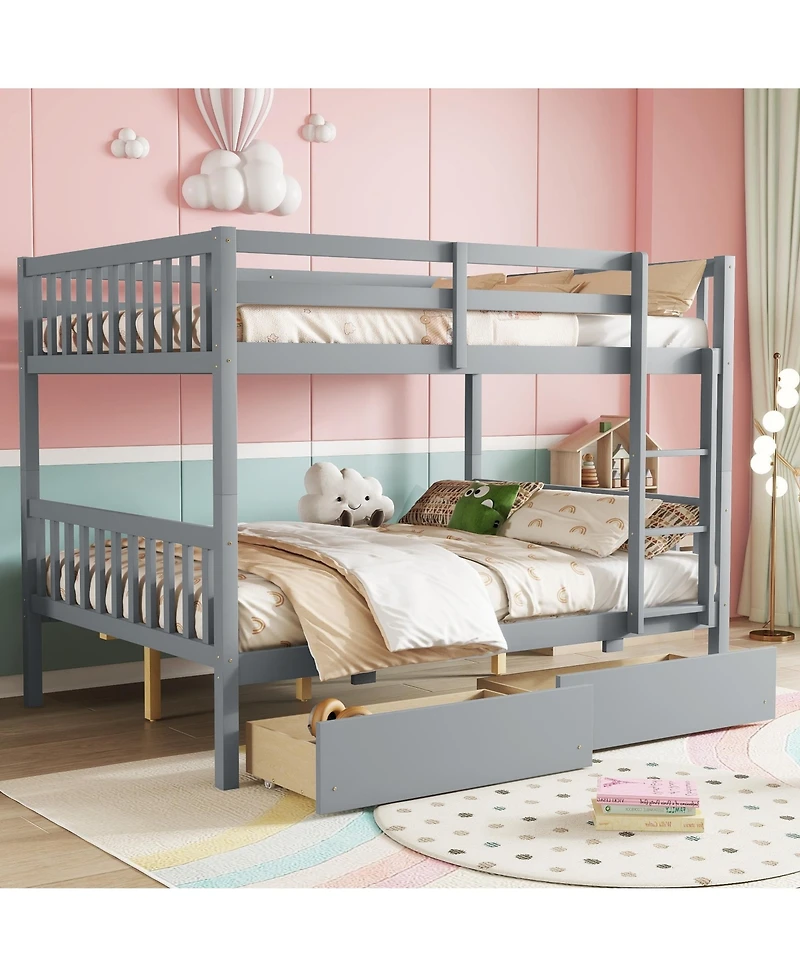 Sailvan full Over Rubber Wood Bunk Bed with 2 Drawers, Convertible into Beds Ladder