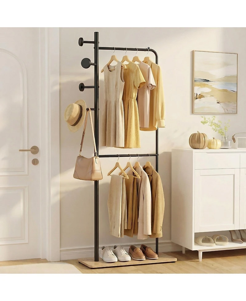 Slickblue Freestanding Double Rod Clothing Rack with Wooden Hooks for Closet Organization