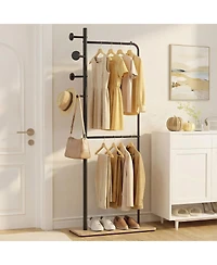 Slickblue Freestanding Double Rod Clothing Rack with Wooden Hooks for Closet Organization