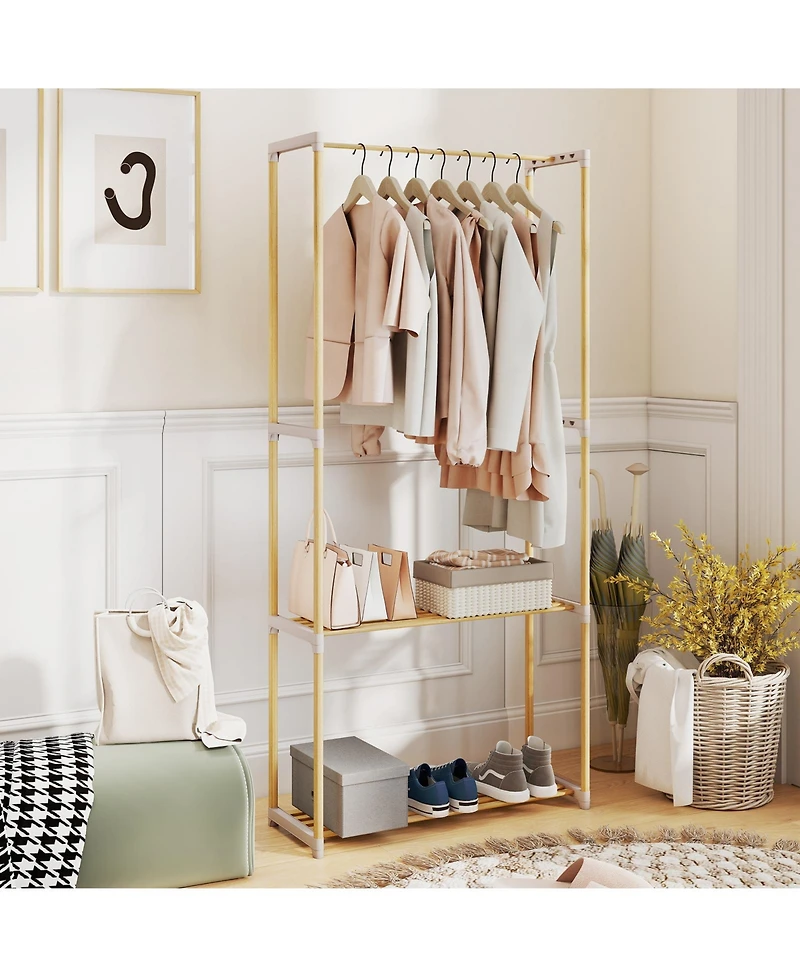 Slickblue Pine Wood Clothing Rack with Open 2 Tier Shelves and Hanging Bar for Bedroom Storage