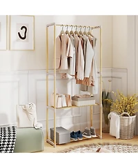 Slickblue Pine Wood Clothing Rack with Open 2 Tier Shelves and Hanging Bar for Bedroom Storage