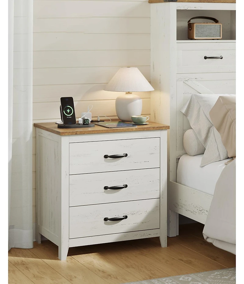 Slickblue Farmhouse Bedside Table with Charging Station and Storage