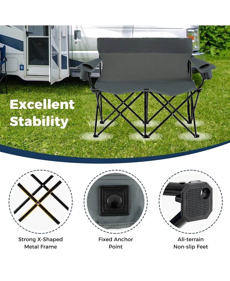 Gouun 2-Person Double Camping Chair, Outdoor Folding Loveseat with Cup Holders and Carrying Bag
