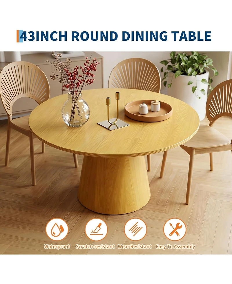 gaomon 43" Round Dining Table for 4-6 People, Wooden Dining Room Table with Pedestal Base, Modern Farmhouse Kitchen Table for Home