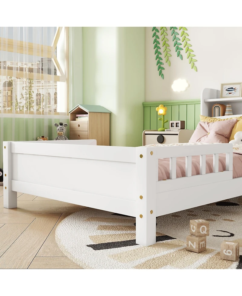 Sailvan Twin Pine Wood Bed with Bookcase Headboard ,Led Motion Sensor Light, Guardrails