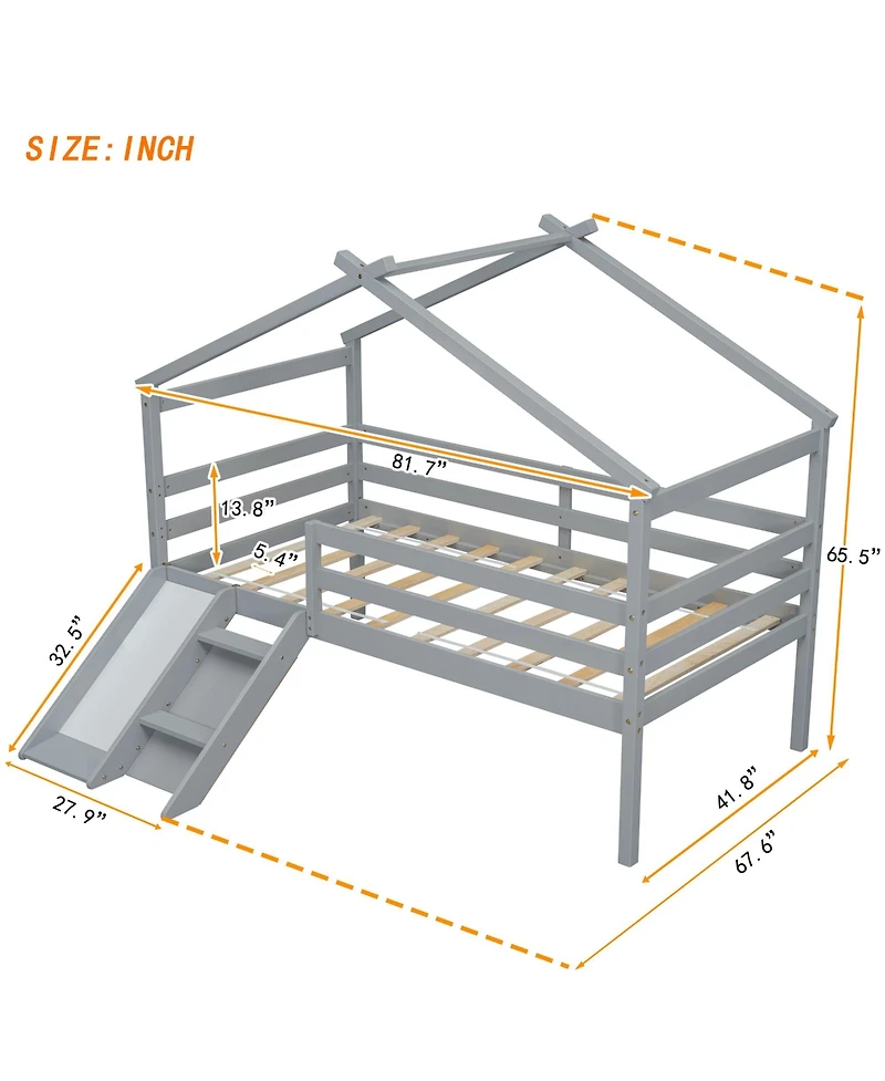 Sailvan Twin Low Loft House Bed with Slide, Ladder, Safety Guardrails, Roof Frame