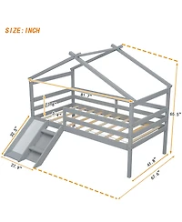 Sailvan Twin Low Loft House Bed with Slide, Ladder, Safety Guardrails, Roof Frame