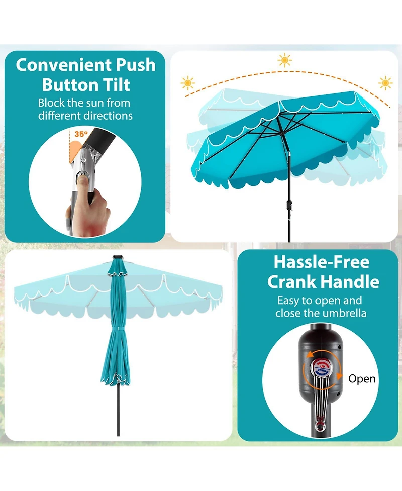 Gouun 10 feet Solar Patio Umbrella with 24 Led Lights, Vented Top and Ruffled Edges