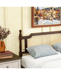 Sailvan Queen Pine wooden Bed with Rattan Headboard and Footboard, Central Enhanced Bed Platform