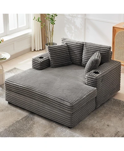 gaomon 60" Oversized Corduroy Chaise Lounge Indoor, Sleeper Sofa with Charging Station, Cup Holders and Pillows for Living Room