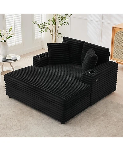 gaomon 60" Oversized Corduroy Chaise Lounge Indoor, Sleeper Sofa with Charging Station, Cup Holders and Pillows for Living Room