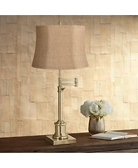 360 Lighting Traditional Swing Arm Desk Table Lamp Adjustable Height 36" Tall Antique Brass Burlap Fabric Drum Shade Living Room