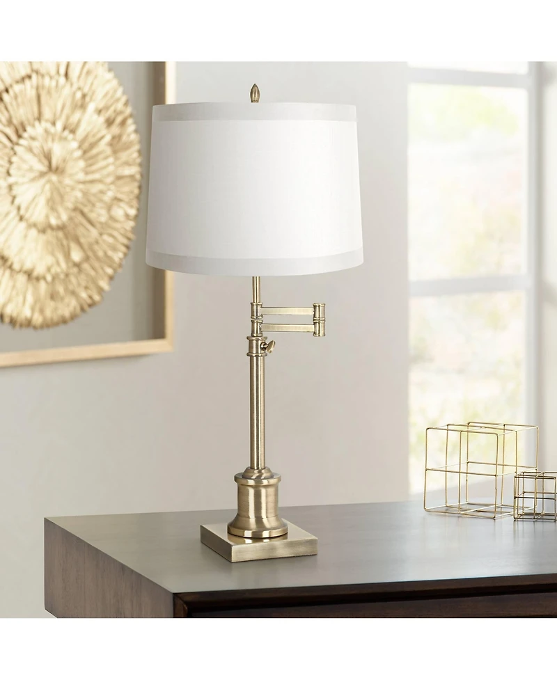 360 Lighting Traditional Swing Arm Desk Table Lamp Adjustable Height 36" Tall Antique Brass Fabric Drum Shade Living Room Bedroom