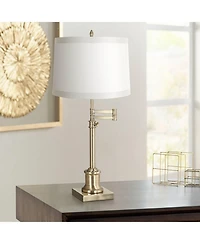 360 Lighting Traditional Swing Arm Desk Table Lamp Adjustable Height 36" Tall Antique Brass Fabric Drum Shade Living Room Bedroom