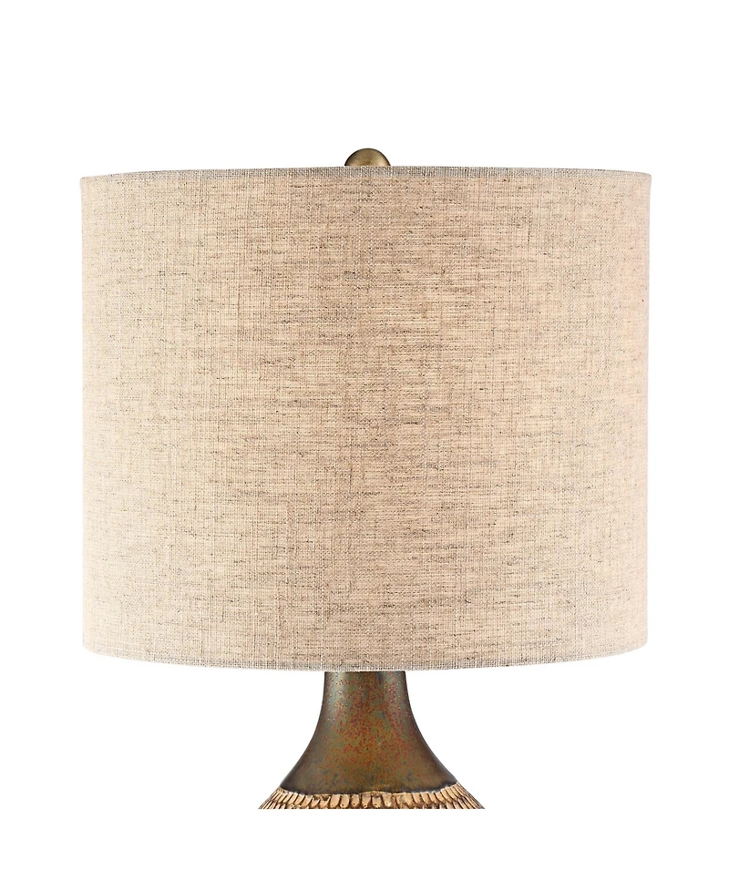 360 Lighting Mid-Century Modern Accent Table Lamp with Usb Charging Port 21" High Wood Ceramic Oatmeal Drum Shade Living Room Desk Bedroom