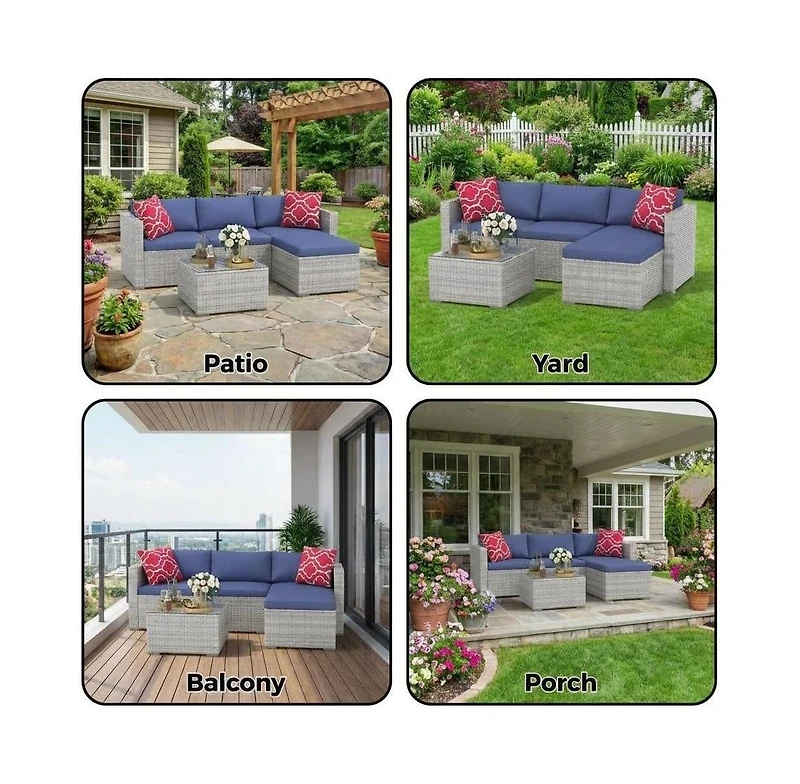 GarveeLife 5 Piece Outdoor Convertible Sectional Set with Ottoman and Tempered Glass Table, Pe Rattan Conversation Seating