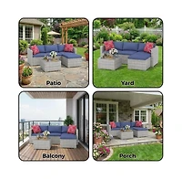 GarveeLife 5 Piece Outdoor Convertible Sectional Set with Ottoman and Tempered Glass Table, Pe Rattan Conversation Seating