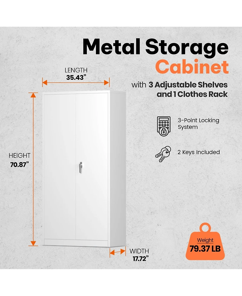 Aobabo Metal Storage Cabinet with 3 Adjustable Shelves and 1 Cloth Rail, White