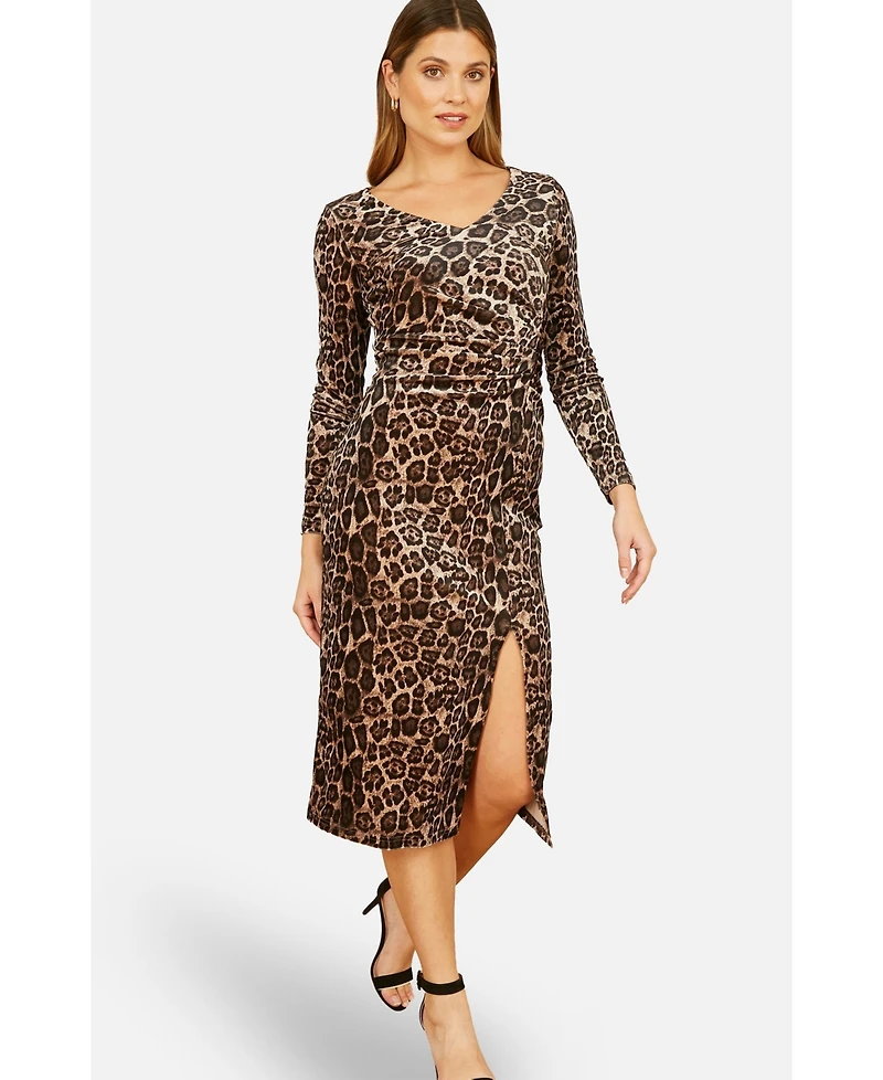 Yumi Women's Velvet Long Sleeve Fitted Midi Dress