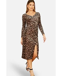Yumi Women's Velvet Long Sleeve Fitted Midi Dress