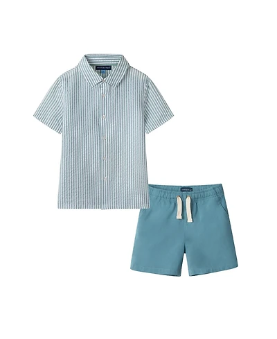 Andy & Evan Toddler Boys Toddler/Child Teal Striped Buttondown and Linen Shorts Set