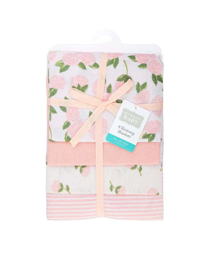 Hudson Baby Girl Cotton Poly Flannel Receiving Blankets, Pink Peony, One Size