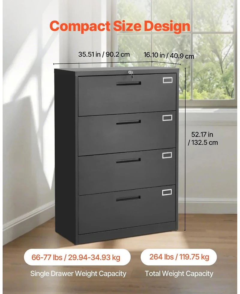 Gouun 4-Drawer Metal File Cabinet with Lock, Vertical Filing, 52.17 x 16.10 x 35.51 inch