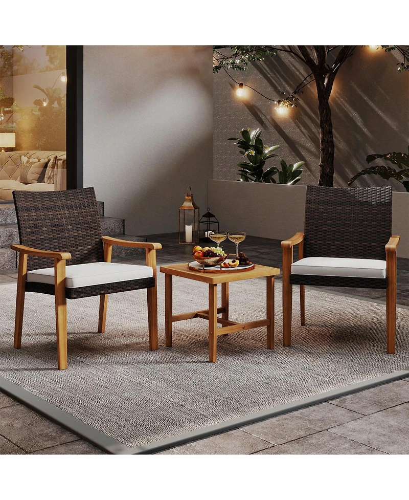 Gouun 3-Piece Patio Wicker Conversation Set with Acacia Wood Side Table