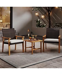 Gouun 3-Piece Patio Wicker Conversation Set with Acacia Wood Side Table