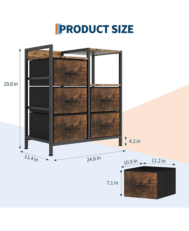 gaomon 5-Drawer Filing Cabinet with Open Storage Shelves and Rolling Printer Rack, Fabric Horizontal File Cabinet