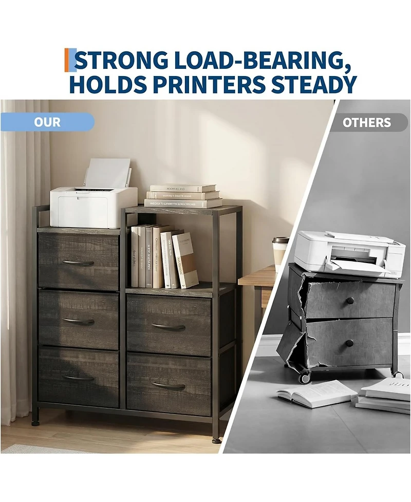 gaomon 5-Drawer Filing Cabinet with Open Storage Shelves and Rolling Printer Rack, Fabric Horizontal File