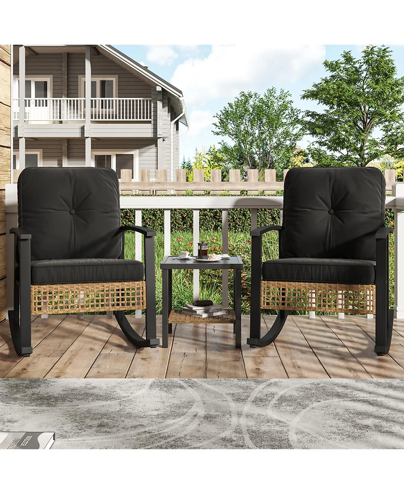 Aoxun Indoor Outdoor Rocking Chair 3 Piece Set Metal Frame Patio Furniture with Wicker Accent and Side Table.
