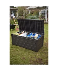 Keter Brightwood 120gal Weatherproof Resin Patio Deck Storage Box Bench, Brown