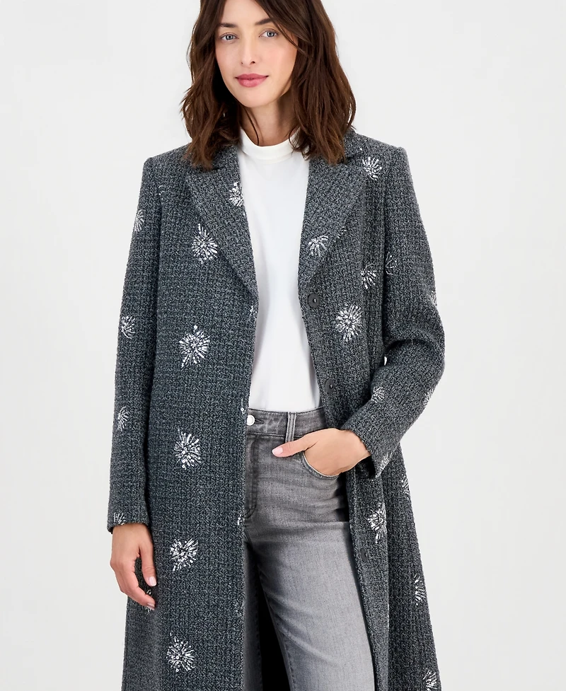 CeCe Petite Single-Breasted Sparkle Boucle Maxi Coat