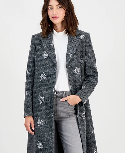 CeCe Petite Single-Breasted Sparkle Boucle Maxi Coat