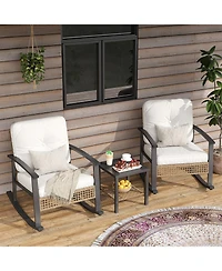 Aoxun Indoor Outdoor Rocking Chair 3 Piece Set Metal Frame Patio Furniture with Wicker Accent and Side Table