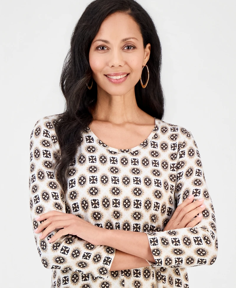 Jm Collection Women's Printed Scoop-Neck 3/4-Sleeve Top, Macy's Exclusive