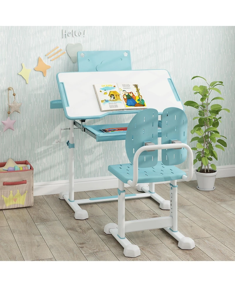 Gouun Kids Height-Adjustable Study Desk and Chair with Tilt Desktop and Book Stand