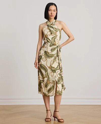 Lauren Ralph Women's Printed Crisscross Halter Neck Midi Dress