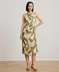 Lauren Ralph Women's Printed Crisscross Halter Neck Midi Dress