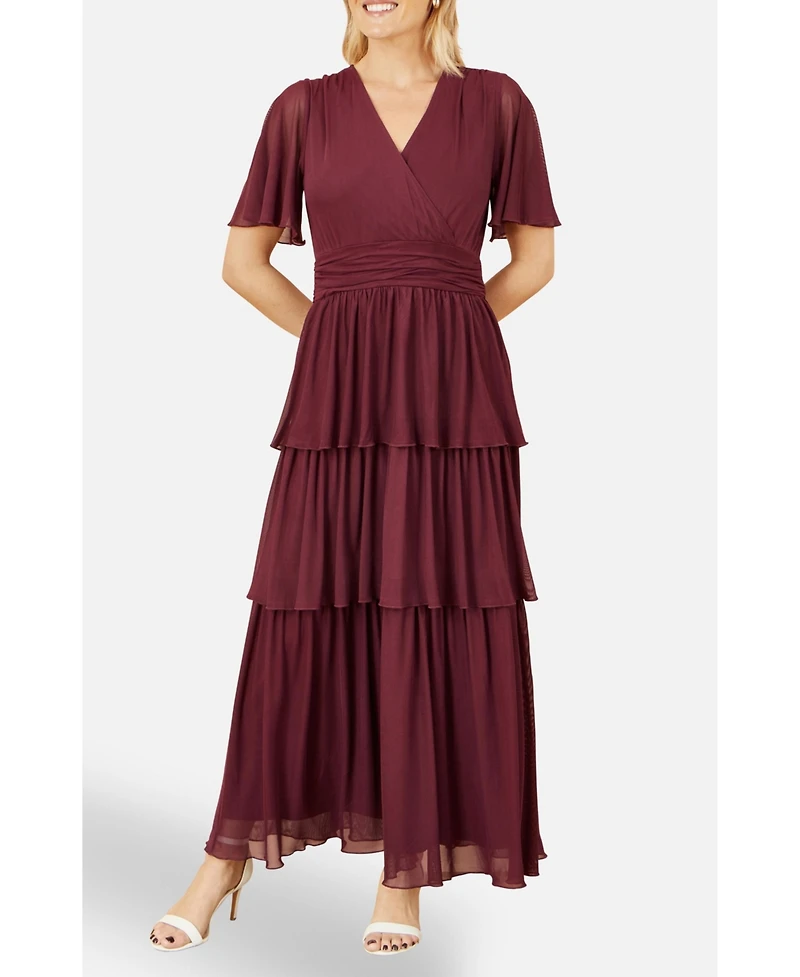 Yumi Women's Mesh V-Neck Tiered Maxi Dress
