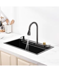 Busdays 29.5 x 17.7 Inches Waterfall Kitchen Sink Stainless Steel Single Bowl Multifunctional Workstation with Flying Rain Faucet and Cutting Board