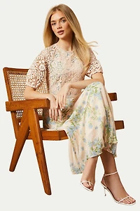 Oasis Women's Floral Lace Bodice Pleated Midi Dress