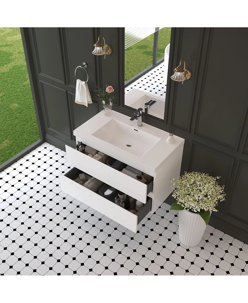 Sillysis Inch Glossy Wall Mounted Bathroom Vanity with Resin Sink and Soft Close Drawers